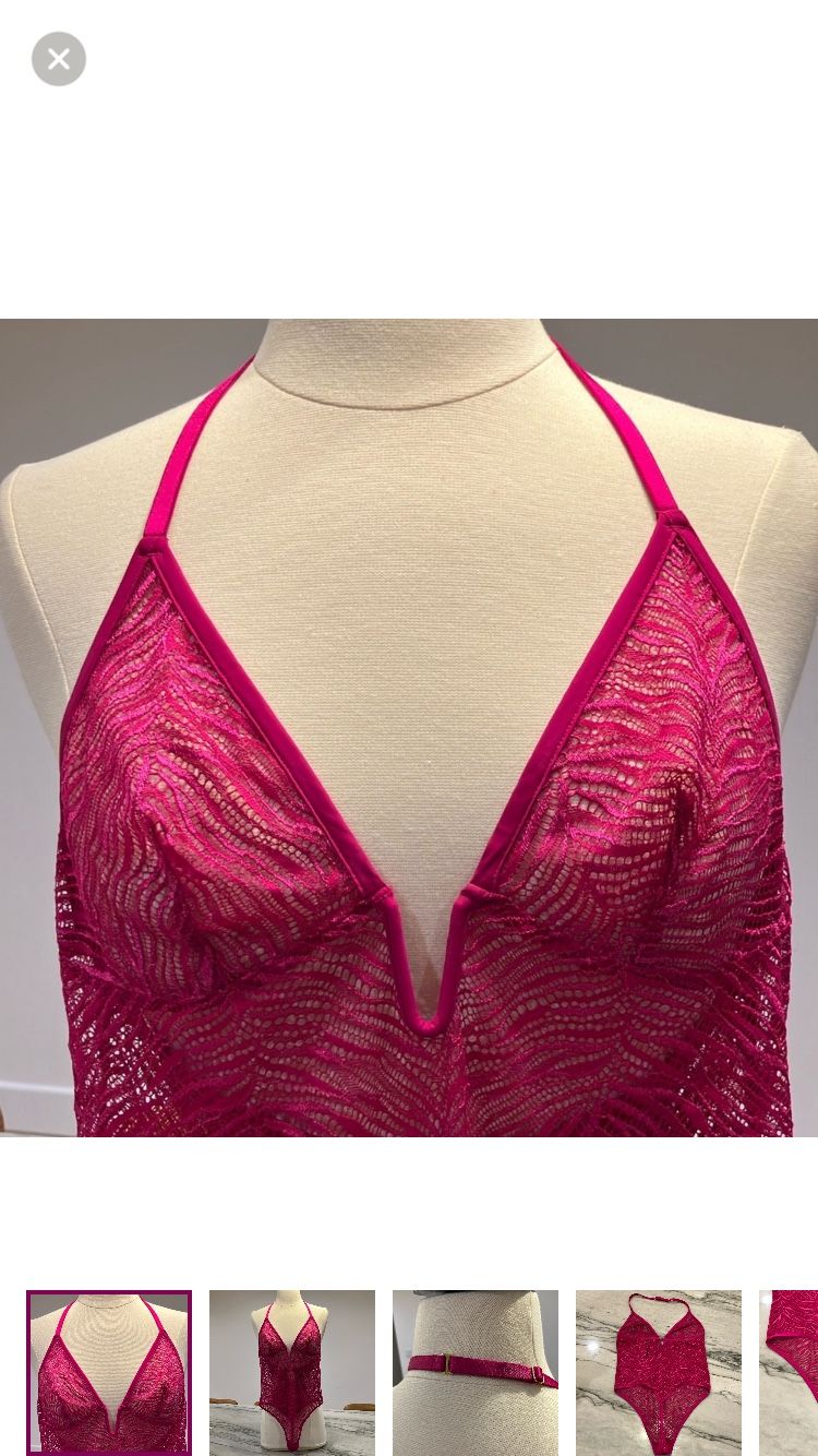 Like NEW Victoria's Secret Fuchsia Pink Lace Sheer Bodysuit Teddy lingerie VS