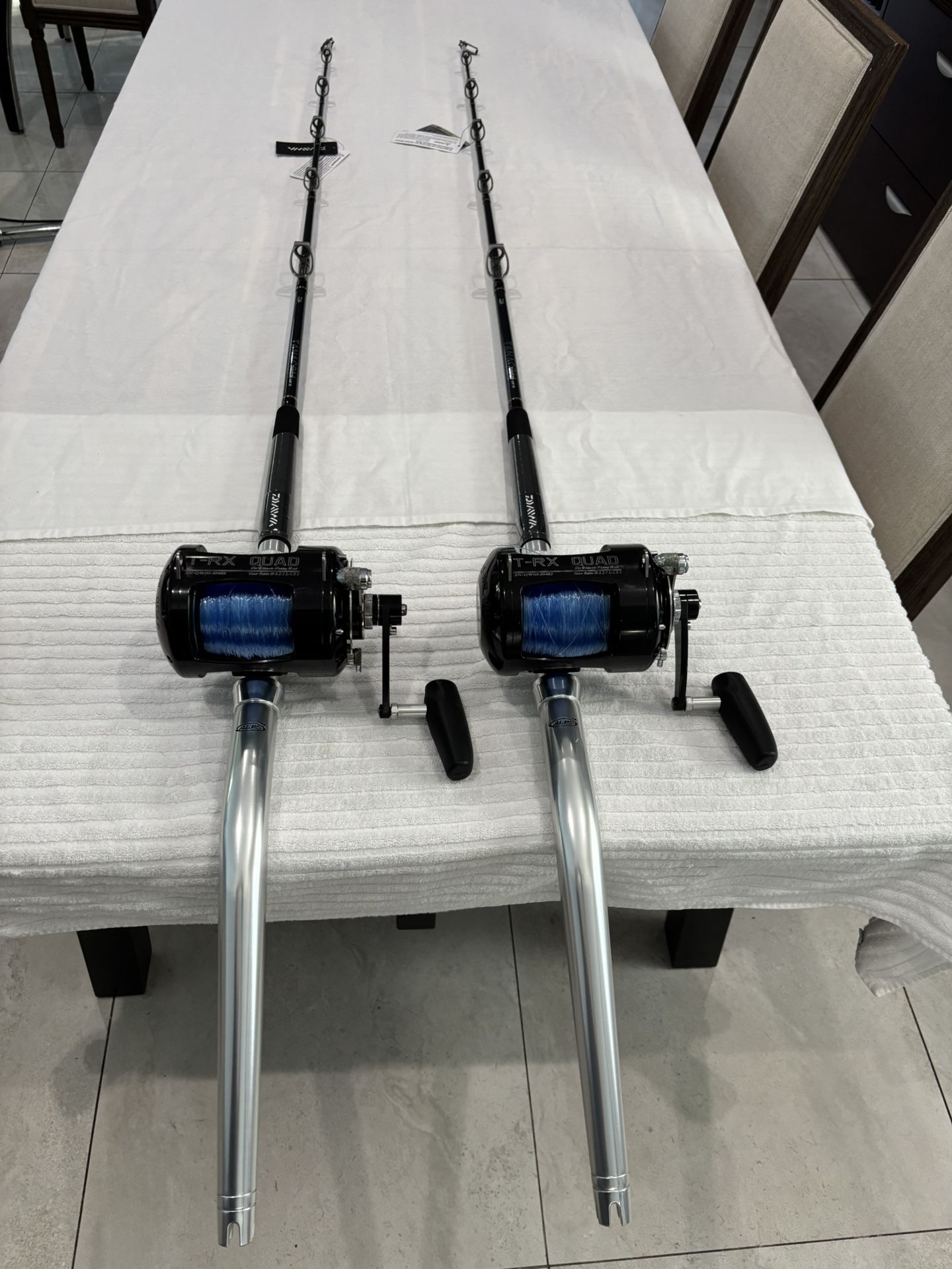 Avet 50W 2 Speed T-RX Quad 100lb of Drag on New Daiwa 40-100lb Bent But Swivel Tip, Rods