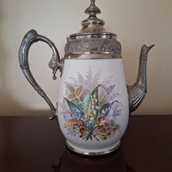 Antique Pewter Enamel Coffee Pot