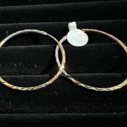 14 K Yellow Tri Color Diamond Cut Twist Hoop Earrings 