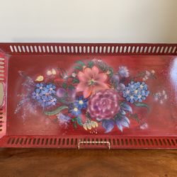 Vintage Red Painted Floral Flowers Tole Tray Approximately 24.5” X 12.5”