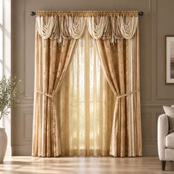Gold Jacquard Curtain Set with Valance