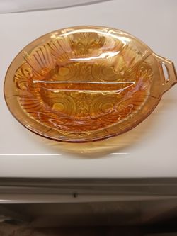 BRAND NEW CARNIVAL GLASS BOWL ONE HANDLE  DIVIDED SECTION,  MARIGOLD COLOR 