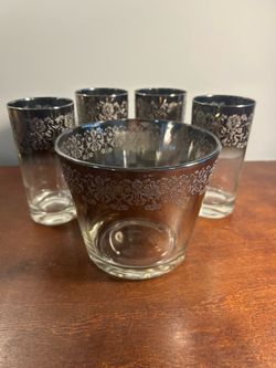 Embellished drinking glasses (four) & matching glass ice bucket