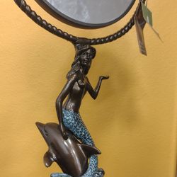 SPI Mermaid With Dolphin Breast Sculpture Mirror With Marble Base