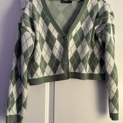 Women’s Nasty Gal Green and White Argyle Cardigan Size M
