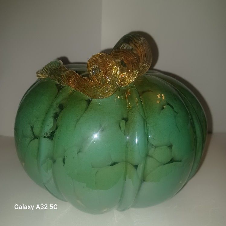 Hand Blown Wide Art Glass Pumpkin JADE/TEAL 5"H