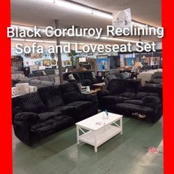 💥 Black Reclining Corduroy Sofa And Loveseat Set 