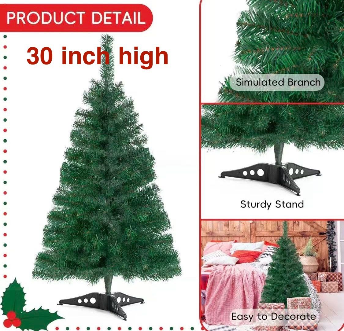 ✌️ 30”Artificial Christmas Tree Green Mini Tabletop Christmas Pine Tree with Plastic Stand Small Xmas Tree for Indoor Outdoor Holiday Home Decoration 