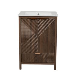 24 Inches Bathroom Vanity with Sink Combo, Modern Bathroom Vanity with Single Faucet Hole, Textured Door Panels and a Drawer, Pine Legs, Large Storage