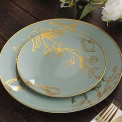 Set of 20 Plastic Round Dinner and Dessert Plates 8", 10" Dusty Sage Green with Metallic Gold Floral Design -disposable Plates 