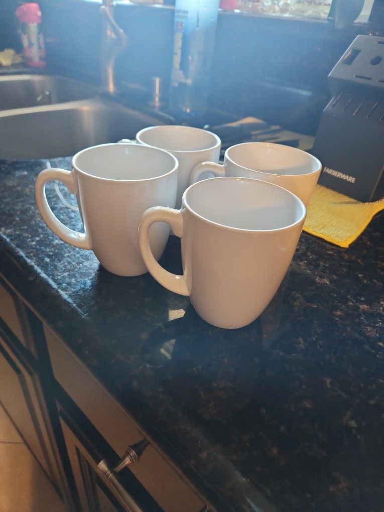 4  White Corelle Coffee Cups 