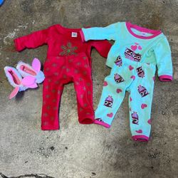 2 American Girl Doll Pajama Sets With Bunny Slippers 