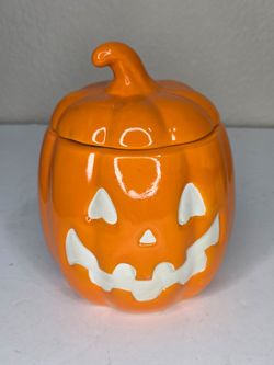 Orange Ceramic Jack O Lantern Pumpkin Jar Halloween Candy Dish Canister