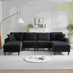 122.5-Inch Oversized U-Shaped Modular Sofa, Corduroy Fabric Sofa, Living Room Sectional Sofa with 2 Pillows, Two ottoman, plastic leg, Black