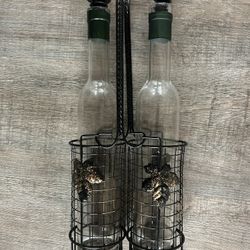 Two Glass Cruets With Decorative Metal Caddy