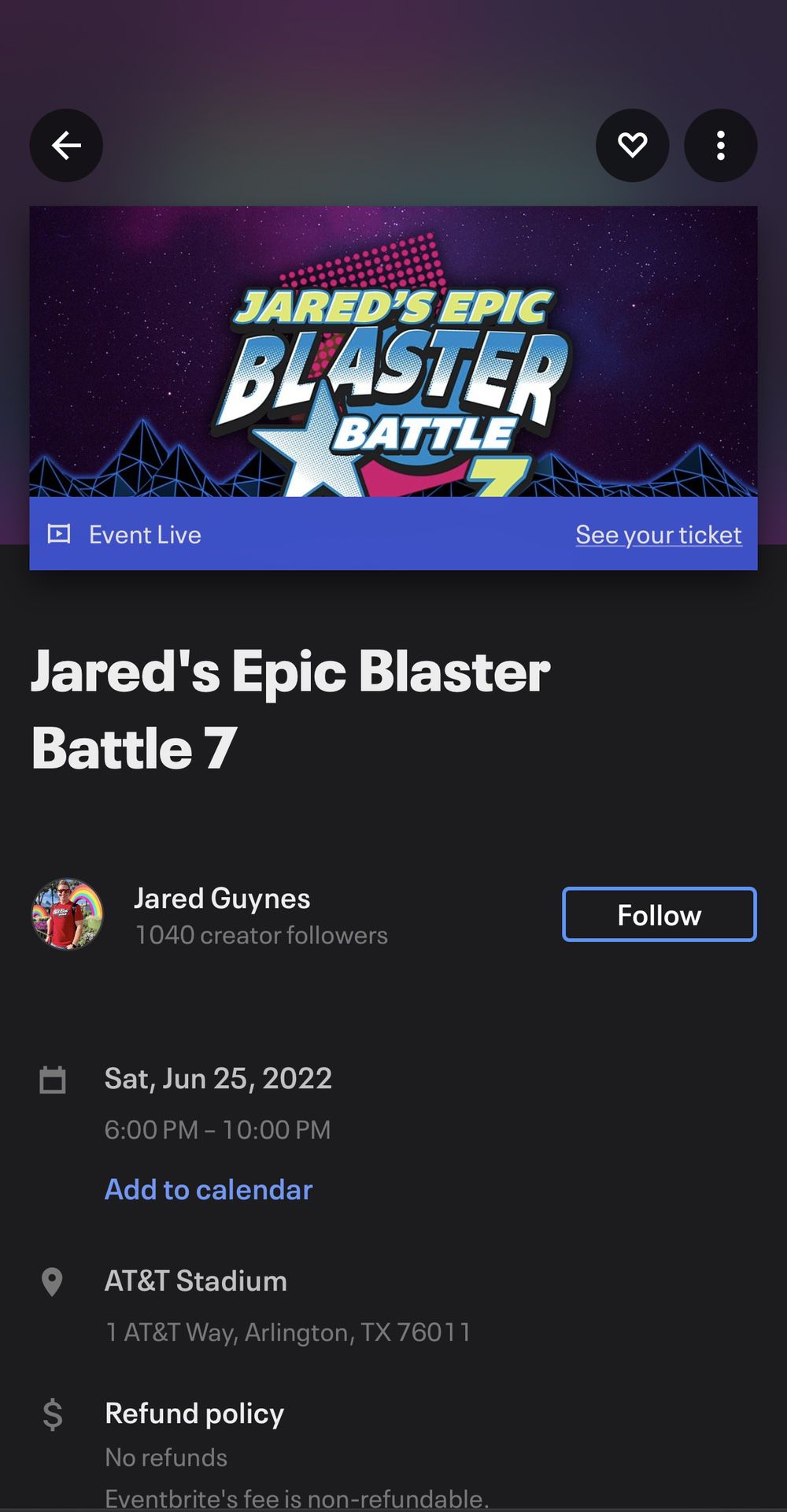 2 Tickets to Jared’s Epic blaster Battle
