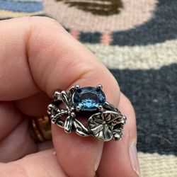 New DragonFly Lotus Pond Leaf  Ring with Blue Sapphire Color Setting