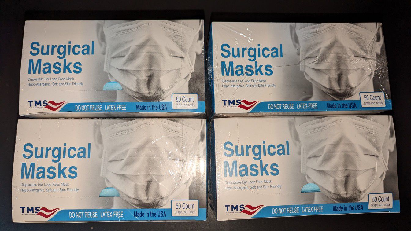 Surgical masks ear loop hypoallergenic 50 per box 200 total NEW sealed BATTLE CREEK