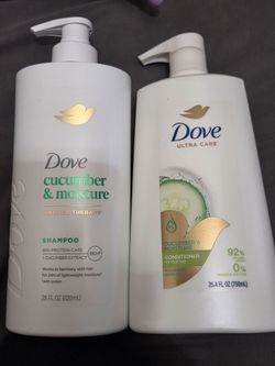 DOVE CUCUMBER & MOISTURE SHAMPOO (28oz), DOVE CUCUMBER & MOISTURE CONDITIONER (25.4oz) For $13/$13 Por Los 2
