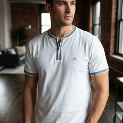 MARC ASHER Mens Small White Quarter Zip Short Sleeve T-Shirt Blue Trim Preppy