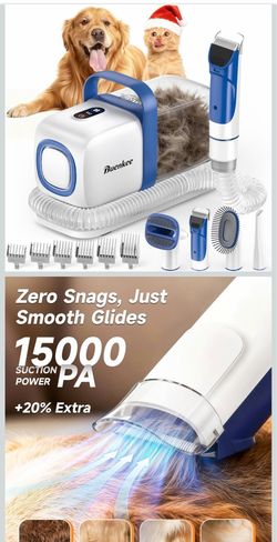 buenkee Dog Grooming Kit with Vacuum, 15000Pa Pet Hair Clipper and Shedding Brush, 2L Capacity, White