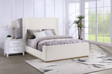 White Boucle Upholstered Bed Frame with Gold Base