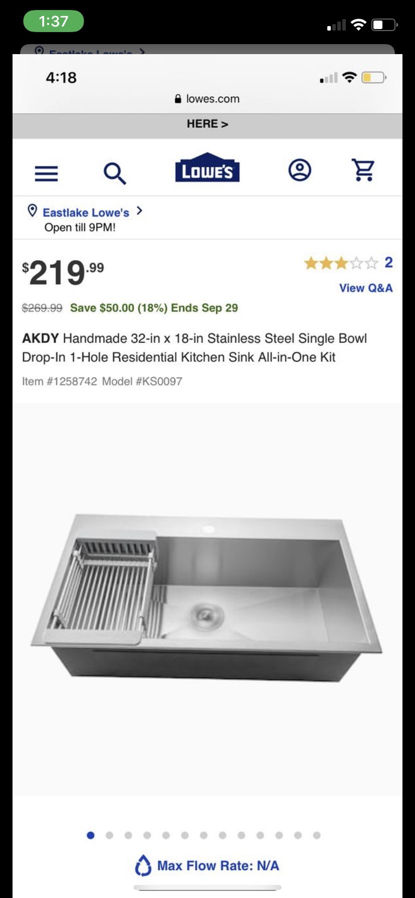 32x18inch Single Bowl Kitchen Sink