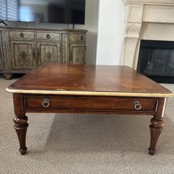 Large 43” Square Wood Coffee Table With Drawer & Turned Legs (solid)