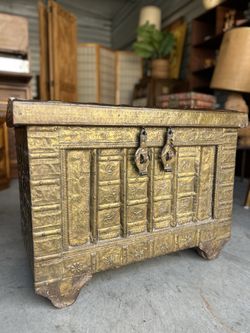 Antique Indian Wooden and Brass Trunk Box with Wheels, Pitara chest, Treasure box
