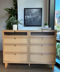 Modern 8-Drawer Rattan Dresser with Charging Station
