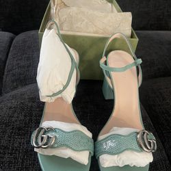 Gucci Aqua Sequins Block Heel Sandals Sz. 39