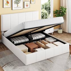  Full Size Lift Up Storage Bed Frame, Adjustable Headboard, Hydraulic Support, Velvet Upholstered, Easy Installation, No Box Spring Needed, White
