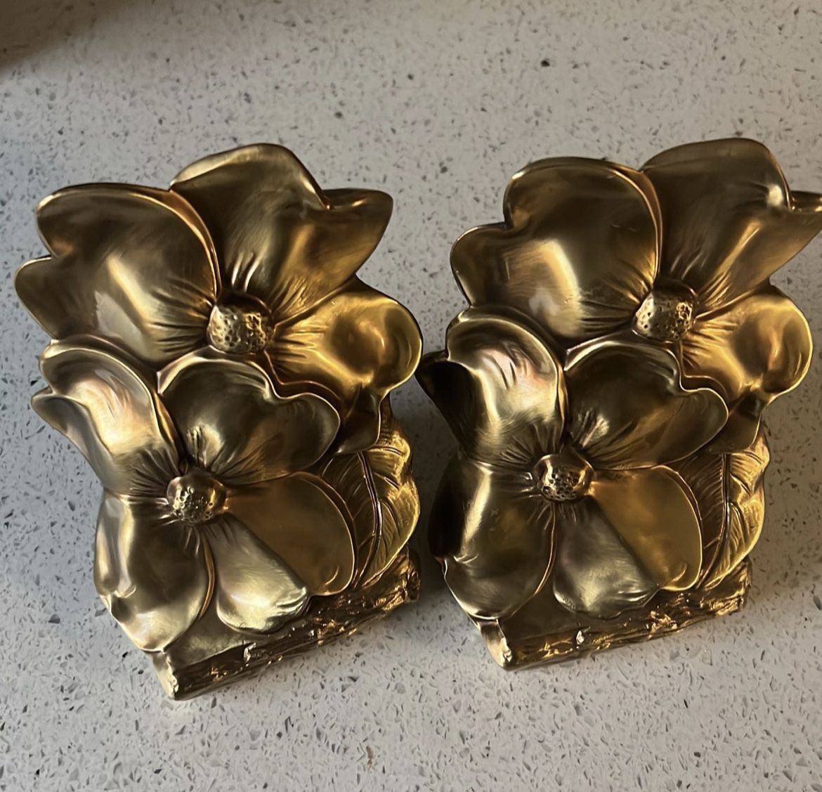 Set of Vintage Floral Bookends - Gold Dogwood Magnolia Flower Brass - MCM