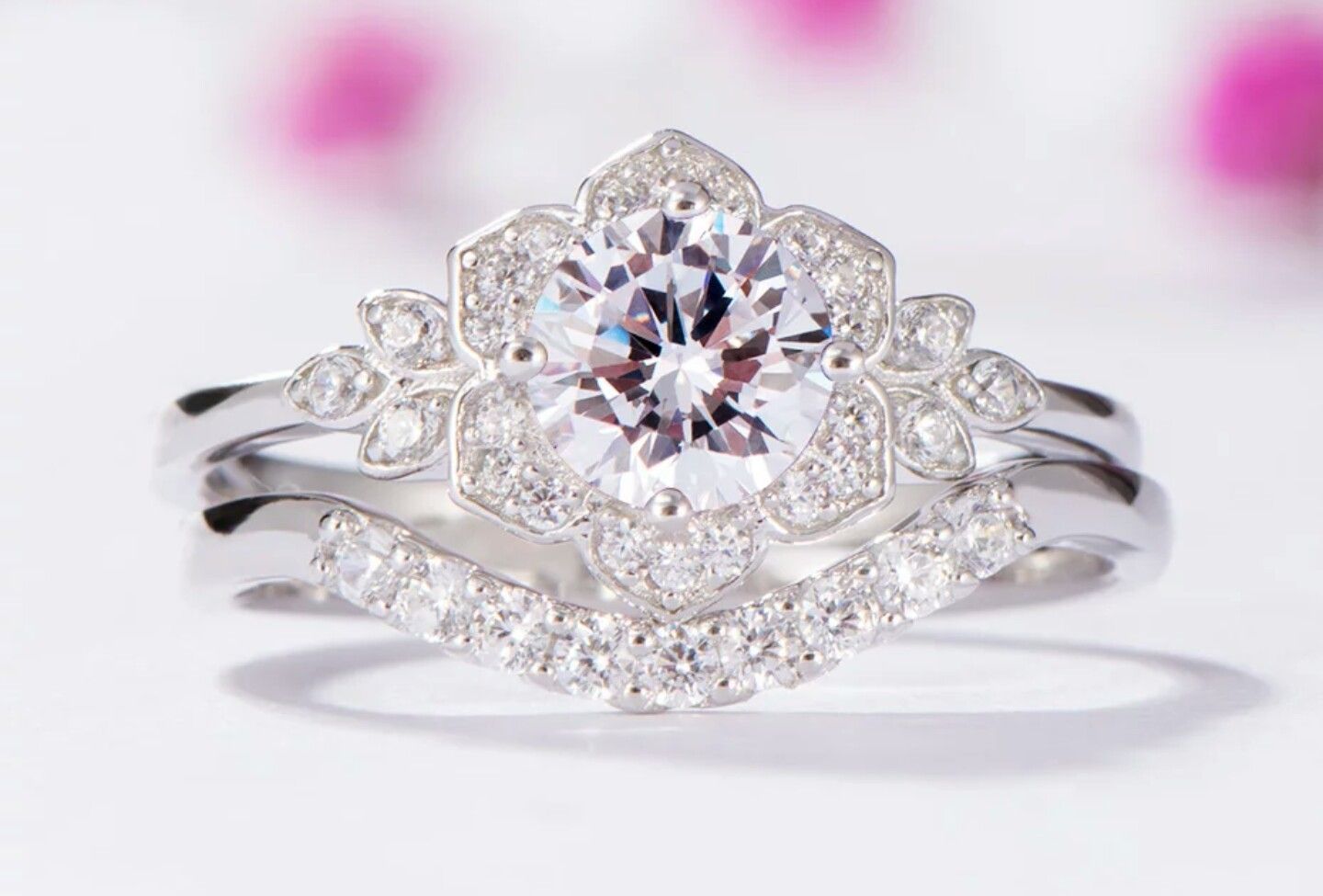 Moissanite Ring Set, 925 Sterling Silver Stacking Rings