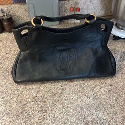 CARTIER Logo Marcello Hand Bag Black Leather Gold Hardware Used