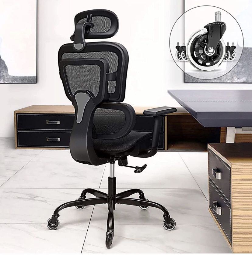 KERDOM Ergonomic Desk Chair, Comfy Breathable Mesh Task Chair with Headrest High Back, Home Computer Chair 3D Adjustable Armrests, Execu