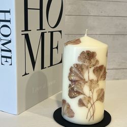 Gold leaves Design on pillar Candle , handmade