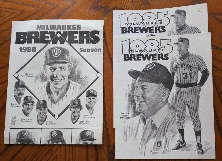 Vintage Milwaukee Brewers Rosters Charcoal Drawings 