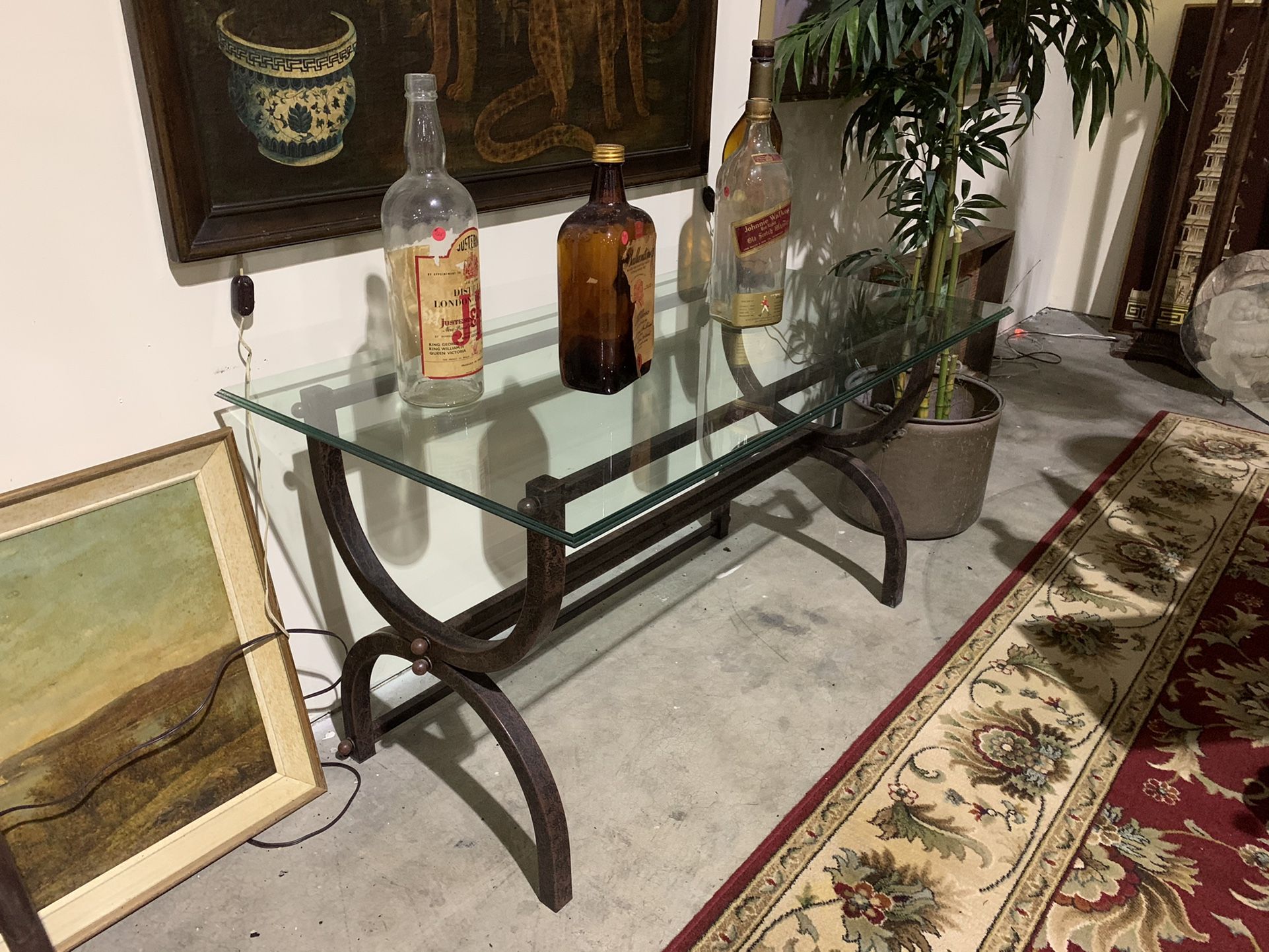 Glass Top Rectangle Console/Entry Table with Waterfall Edge & Metal Base - See measurements