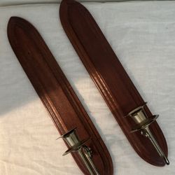 2 Hanging 18” Wood w Silver Plated Pair Candle Stick Holders Art Deco Made USA