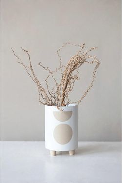 Creative Co-Op Modern BOHO Footed Stoneware Planter 🪴✨ White & Natural Geometric Design Swiss MCM