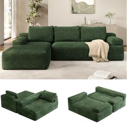 110” Green sectional sofa / green corduroy sofa / L shaped sofa / green cloud sofa