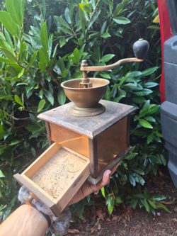 Vintage Style House Japan Copper & Wood Hand Crank Coffee Grinder
