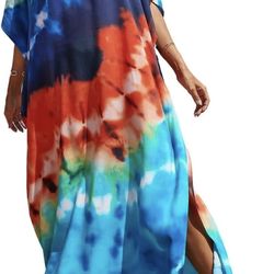 Women Colorful Geometric Beach Cover Up Loose Kaftan Dress
