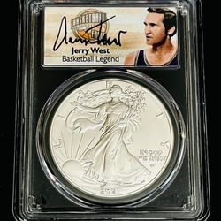 PCGS MS 70 2023 FDOI MORGAN SILVER DOLLAR  SIGNED JERRY WEST HOF LABEL