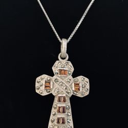 Vintage Sterling Silver Cross Pendant Garnet Marcasite Religious Christian Jewelry Necklace 925 Silver 