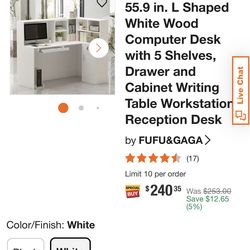 55.9 in. L Shaped White Wood Computer Desk with 5 Shelves, Drawer and Cabinet Writing Table Workstation Reception Desk