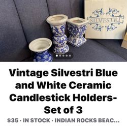 Vintage Silvestri Blue and White Ceramic Candlestick Holders- Set of 3 $35 • IN STOCK • INDIAN ROCKS BEAC...