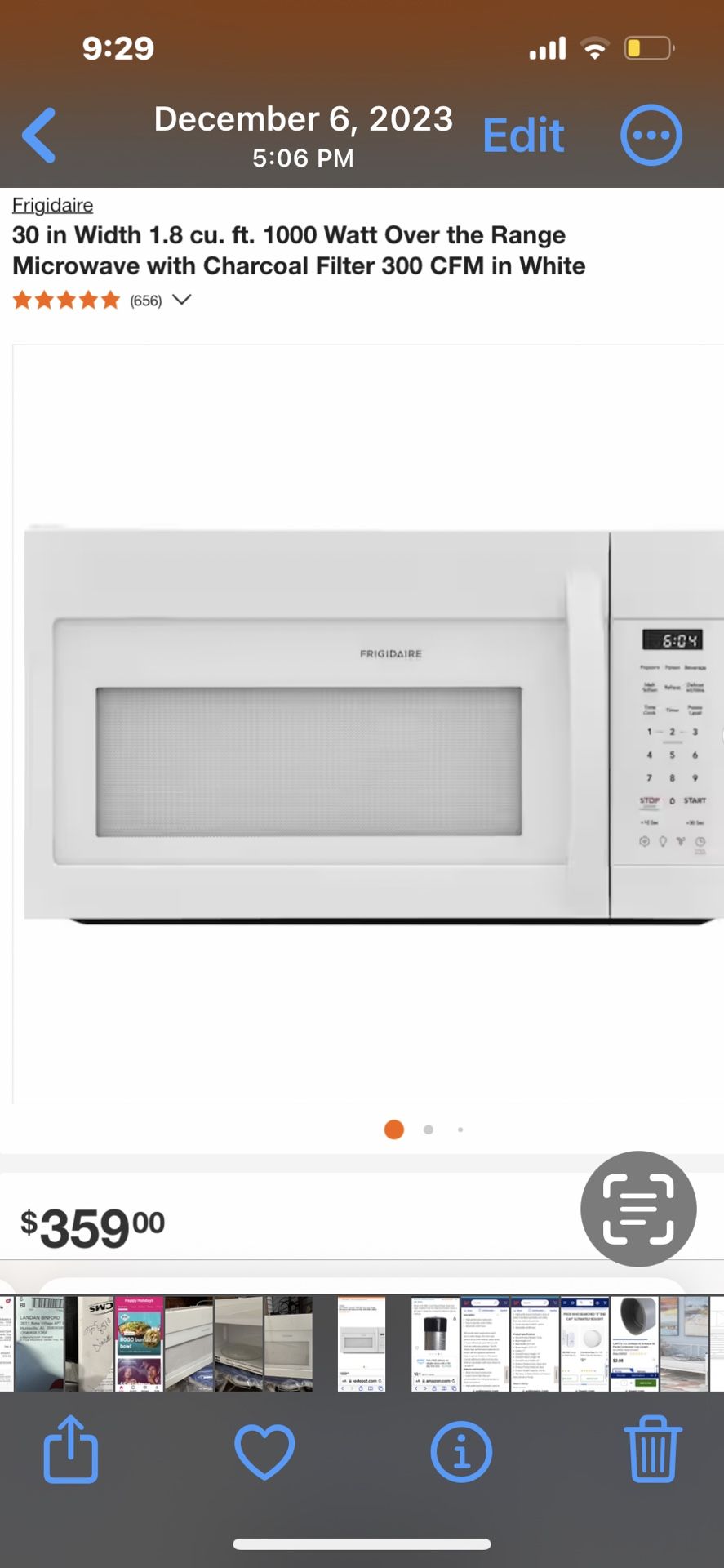 Frigidaire 1.8cu White Over The Range 30” Microwave